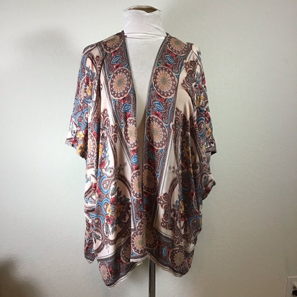 Angie Paisley Boho Kimono Open Front Floral Medallion Fall Duster Shrug Large - Picture 4 of 9